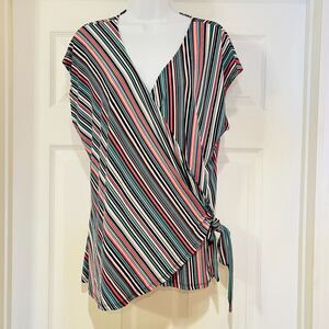 Leota Womens 1X Wrap Top Striped Multicolor Ties Spring Summer‎ Festive